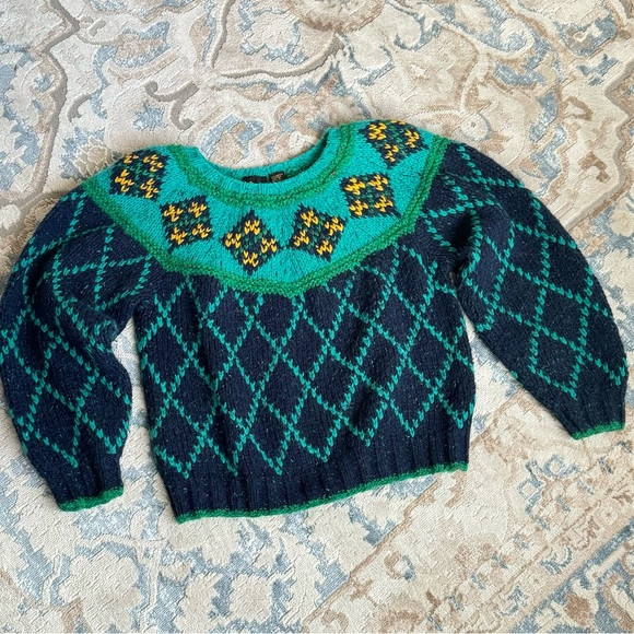 VTG 90’s Liz Sport chunky wool Sweater Green Cropped Checkered Balloon Sleeve S - Picture 5 of 11